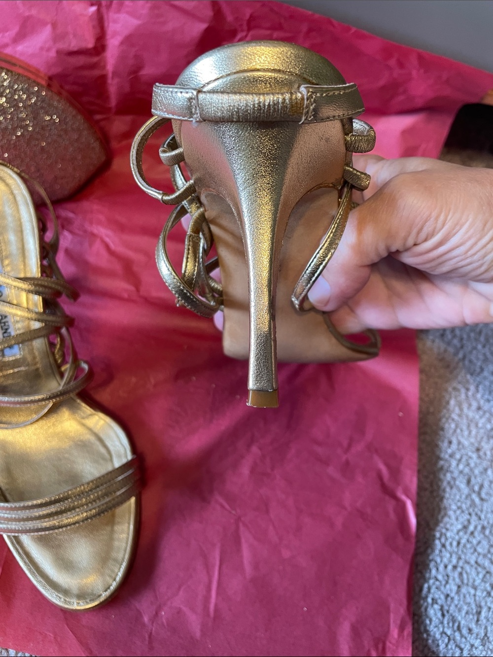 Manolo Blahnik Metallic Gold Multi-Strap Heeled Sandals - bonus cute gold clutch - Picture 3 of 14